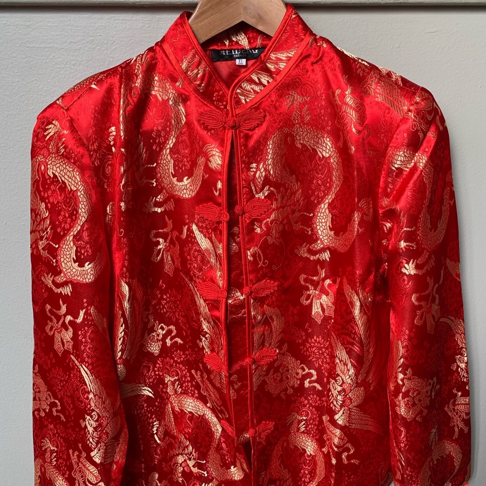 Traditional Chinese Gold Brocade Thread Skirt Jacket Set Elegant Qipao Cheongsam
